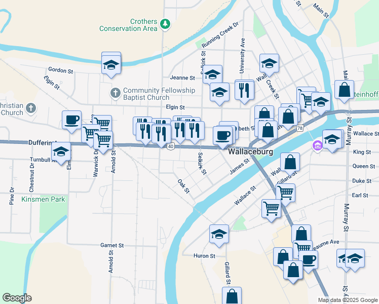 map of restaurants, bars, coffee shops, grocery stores, and more near 1041 Dufferin Avenue in Wallaceburg
