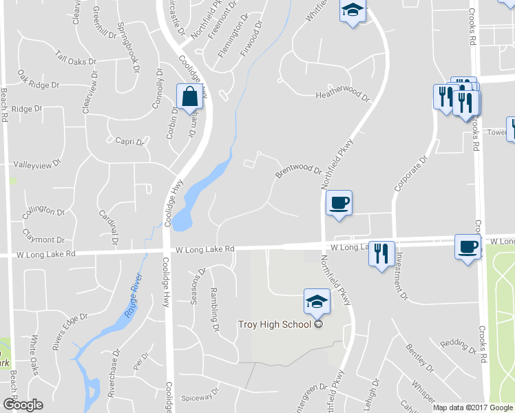 map of restaurants, bars, coffee shops, grocery stores, and more near 1728 Brentwood Drive in Troy