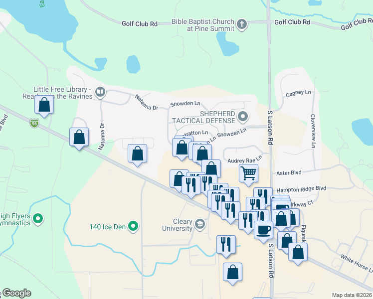 map of restaurants, bars, coffee shops, grocery stores, and more near 3620 Snowden Lane in Howell