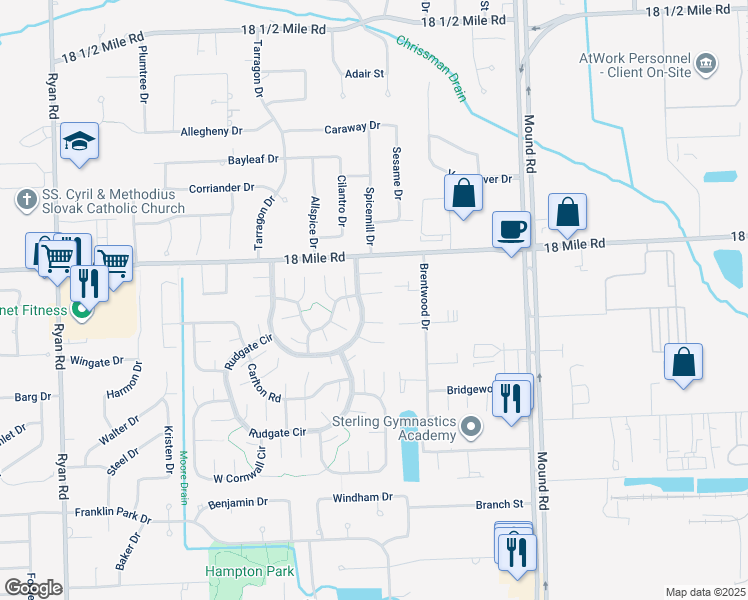 map of restaurants, bars, coffee shops, grocery stores, and more near 5260 Cromwell Court in Sterling Heights
