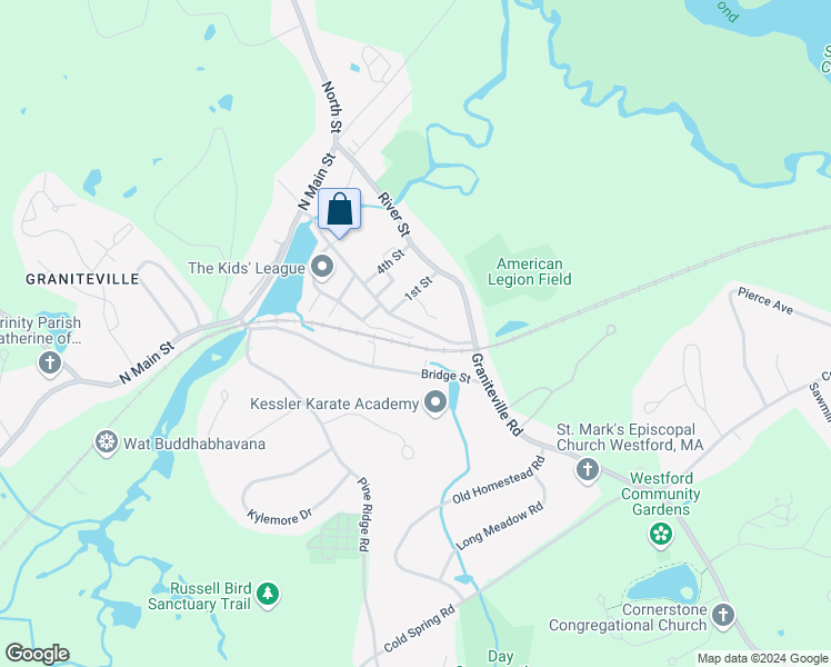 map of restaurants, bars, coffee shops, grocery stores, and more near 16 Broadway Street in Westford