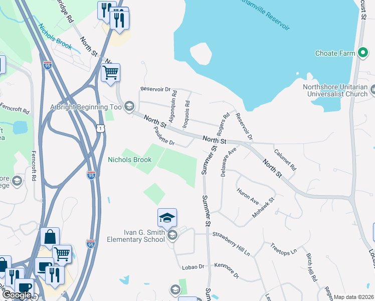 map of restaurants, bars, coffee shops, grocery stores, and more near 17 Paulette Drive in Danvers