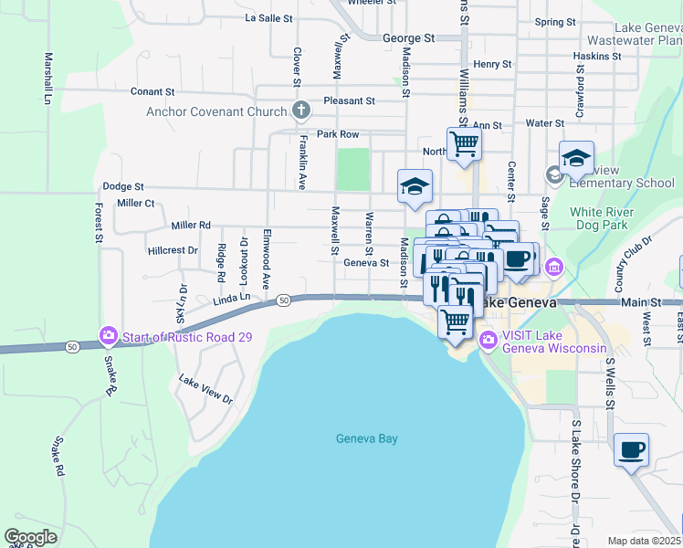 map of restaurants, bars, coffee shops, grocery stores, and more near 225 Maxwell Street in Lake Geneva