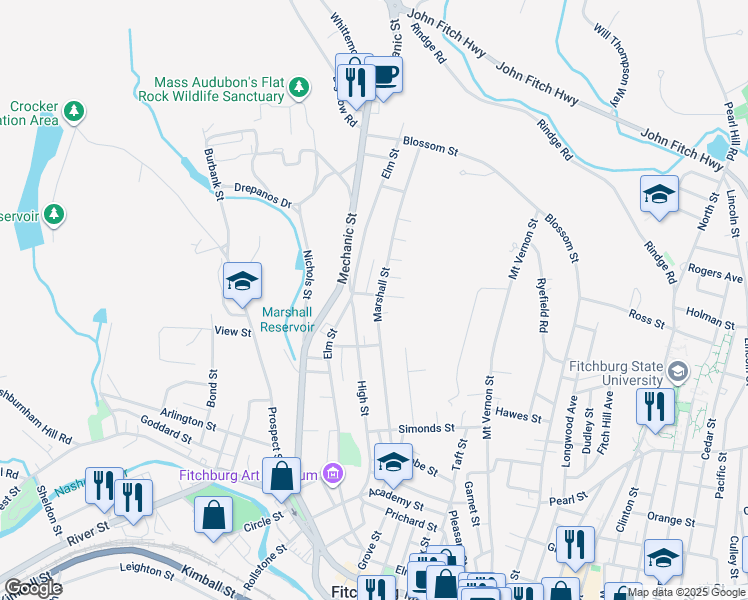 map of restaurants, bars, coffee shops, grocery stores, and more near 170 Marshall Street in Fitchburg