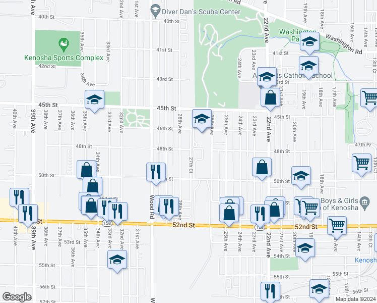map of restaurants, bars, coffee shops, grocery stores, and more near 2709 48th Street in Kenosha