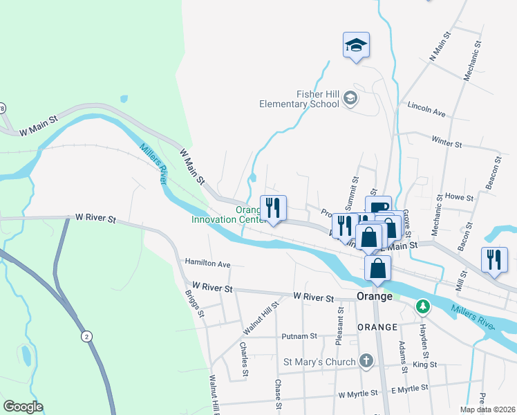 map of restaurants, bars, coffee shops, grocery stores, and more near 156 West Main Street in Orange