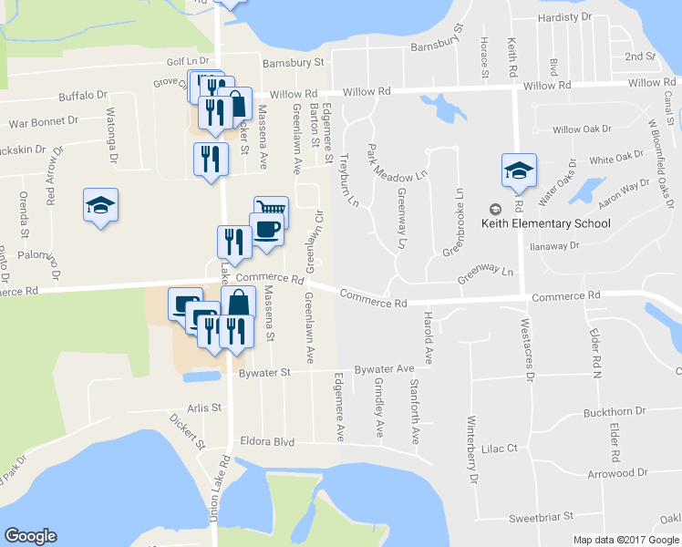 map of restaurants, bars, coffee shops, grocery stores, and more near 7980 Billingham Rd in West Bloomfield Township