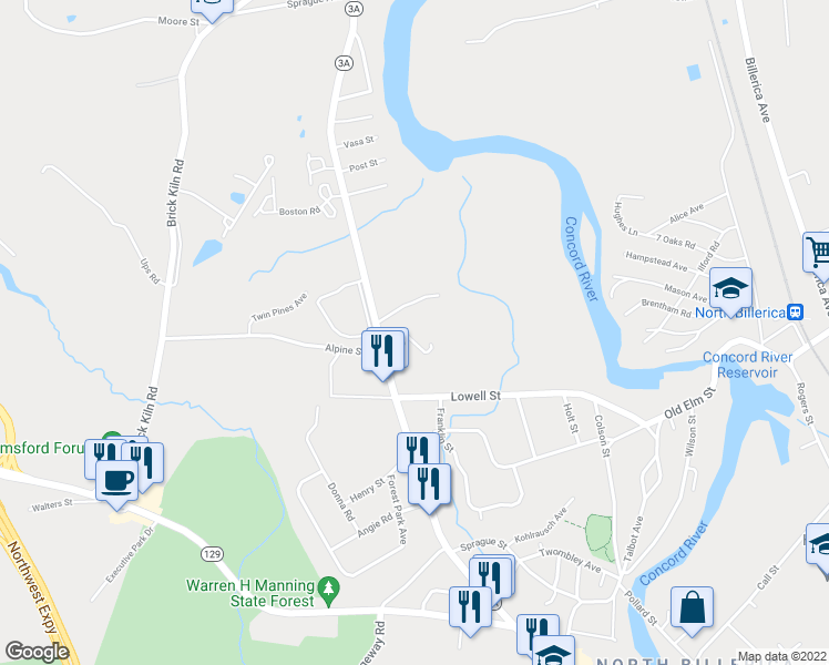 map of restaurants, bars, coffee shops, grocery stores, and more near 80 Boston Road in Billerica