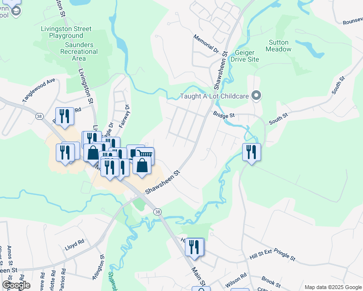 map of restaurants, bars, coffee shops, grocery stores, and more near 10 Wamesit Road in Tewksbury