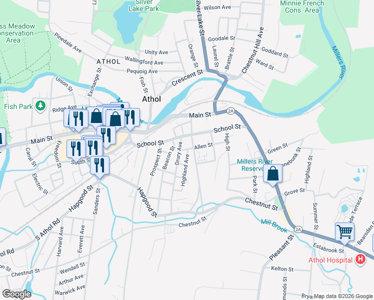 map of restaurants, bars, coffee shops, grocery stores, and more near 159 Riverbend Street in Athol