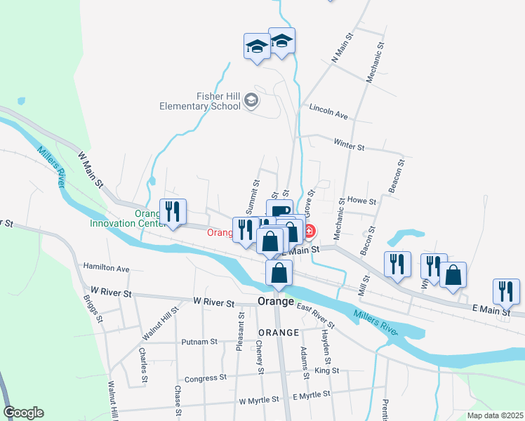 map of restaurants, bars, coffee shops, grocery stores, and more near 19 High Street in Orange