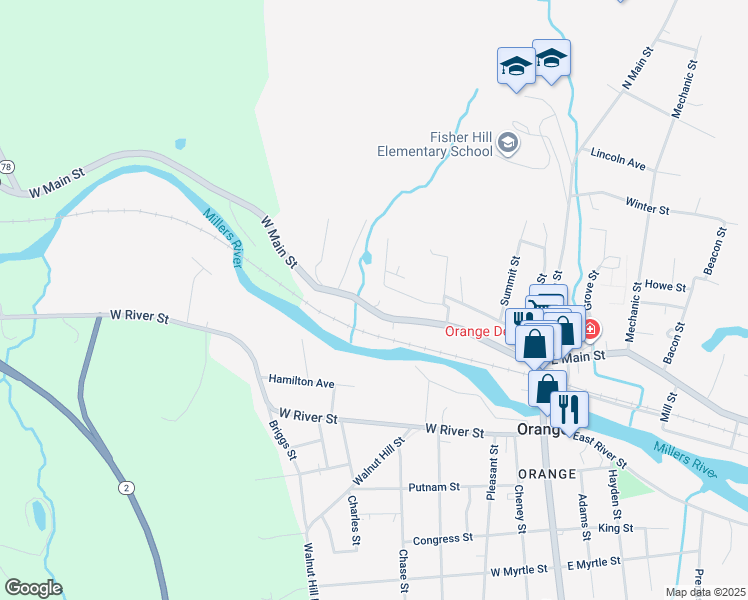 map of restaurants, bars, coffee shops, grocery stores, and more near 156 West Main Street in Orange