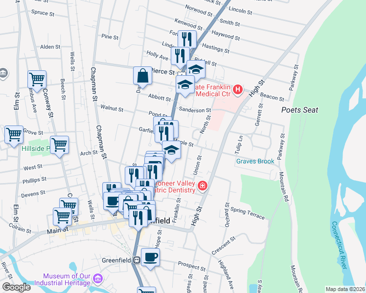 map of restaurants, bars, coffee shops, grocery stores, and more near 14-16 Maple St in Greenfield