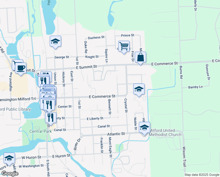 map of restaurants, bars, coffee shops, grocery stores, and more near 819 East Commerce Street in Milford Charter Township