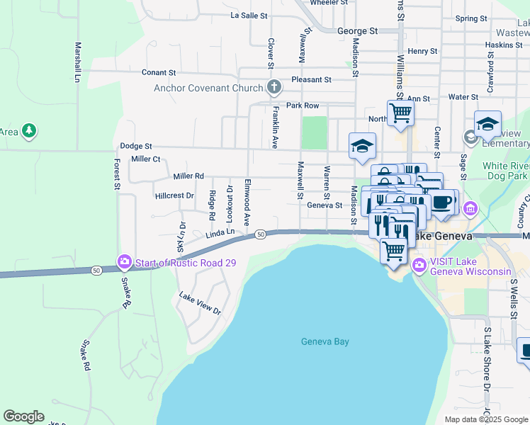 map of restaurants, bars, coffee shops, grocery stores, and more near 235 Elmwood Avenue in Lake Geneva