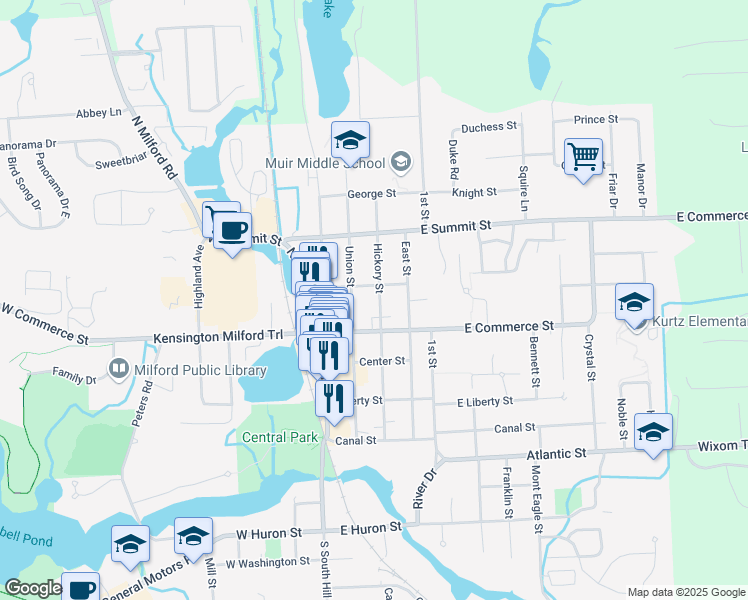 map of restaurants, bars, coffee shops, grocery stores, and more near 533 Hickory Street in Milford Charter Township