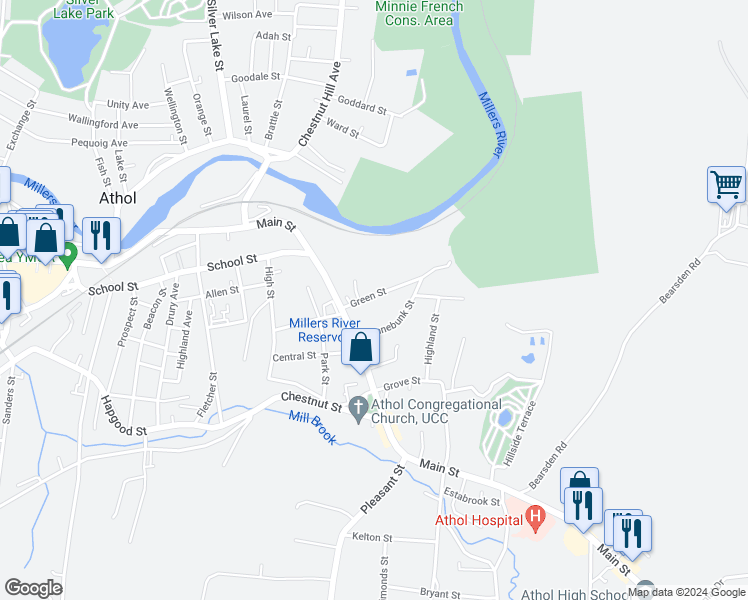 map of restaurants, bars, coffee shops, grocery stores, and more near 71 Green Street in Athol