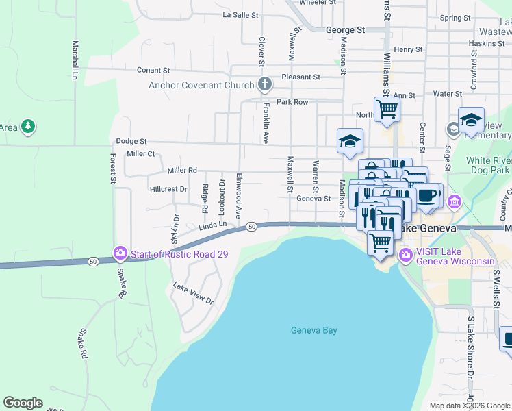 map of restaurants, bars, coffee shops, grocery stores, and more near 1321 West Main Street in Lake Geneva