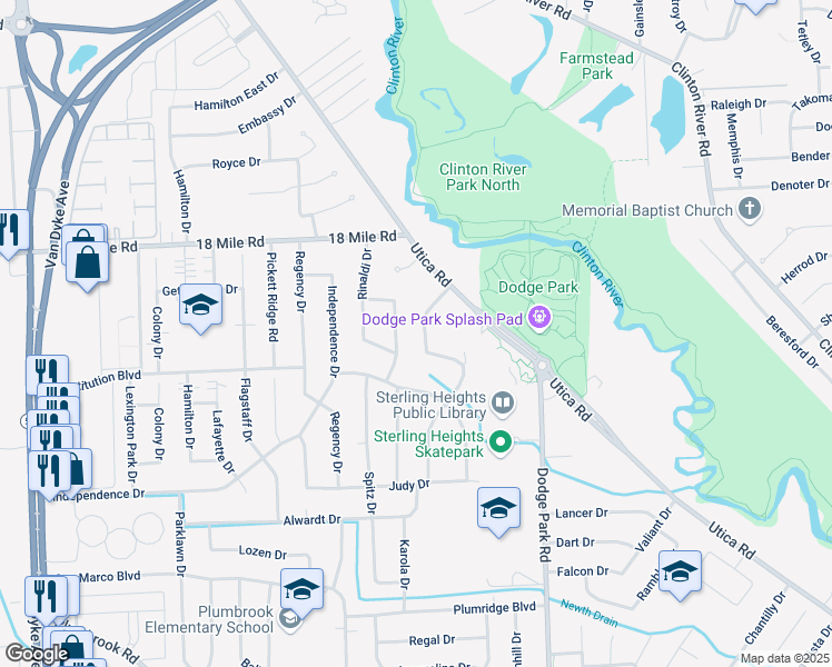 map of restaurants, bars, coffee shops, grocery stores, and more near 40579 Irval Drive in Sterling Heights