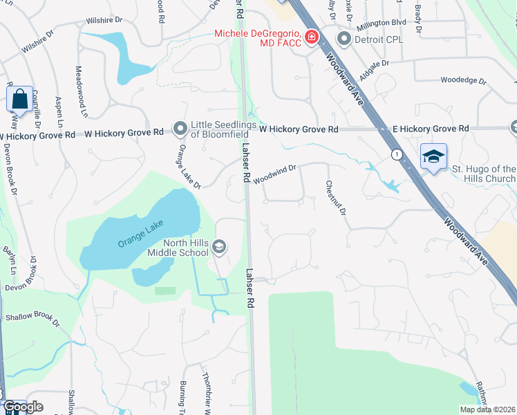 map of restaurants, bars, coffee shops, grocery stores, and more near 275 Chestnut Circle in Bloomfield Hills