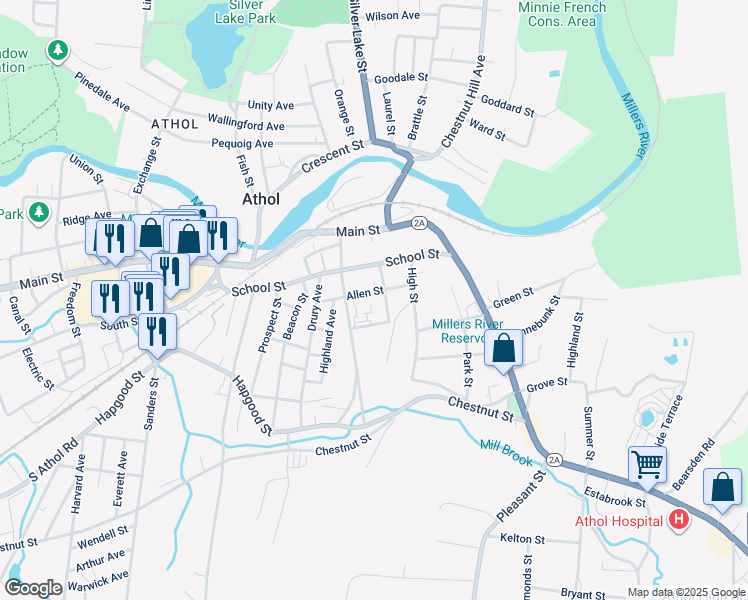 map of restaurants, bars, coffee shops, grocery stores, and more near 129 Allen Street in Athol