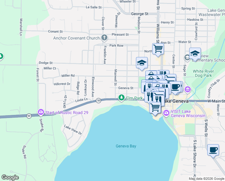 map of restaurants, bars, coffee shops, grocery stores, and more near 1229 West Main Street in Lake Geneva