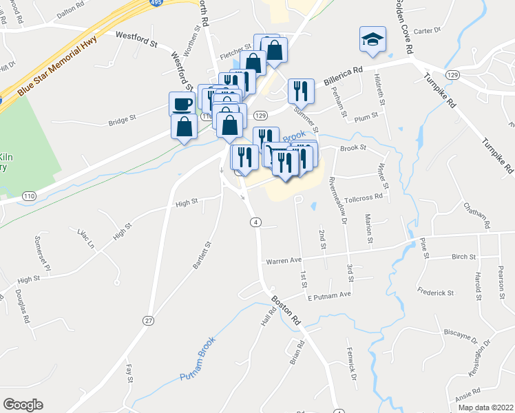 map of restaurants, bars, coffee shops, grocery stores, and more near 38 Boston Road in Chelmsford