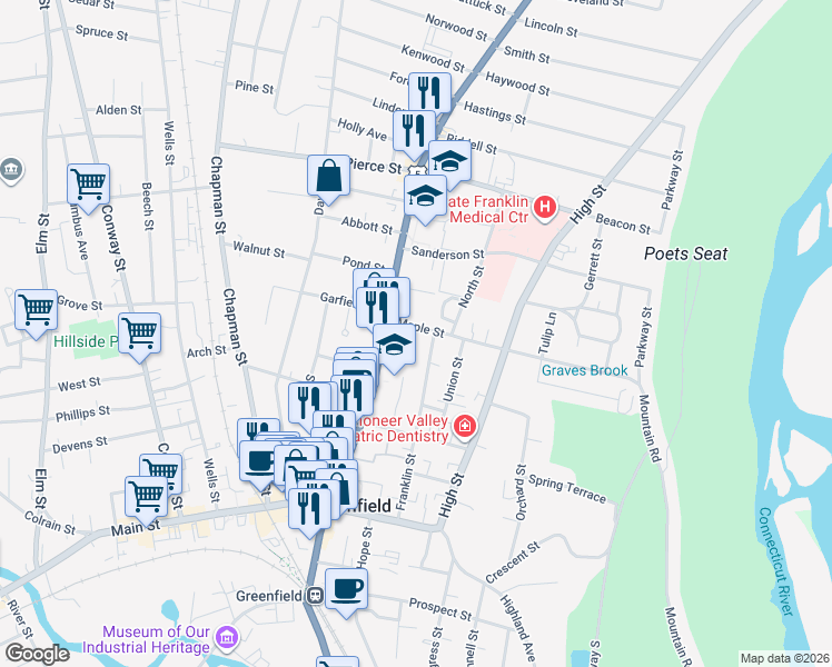 map of restaurants, bars, coffee shops, grocery stores, and more near 14-16 Maple St in Greenfield