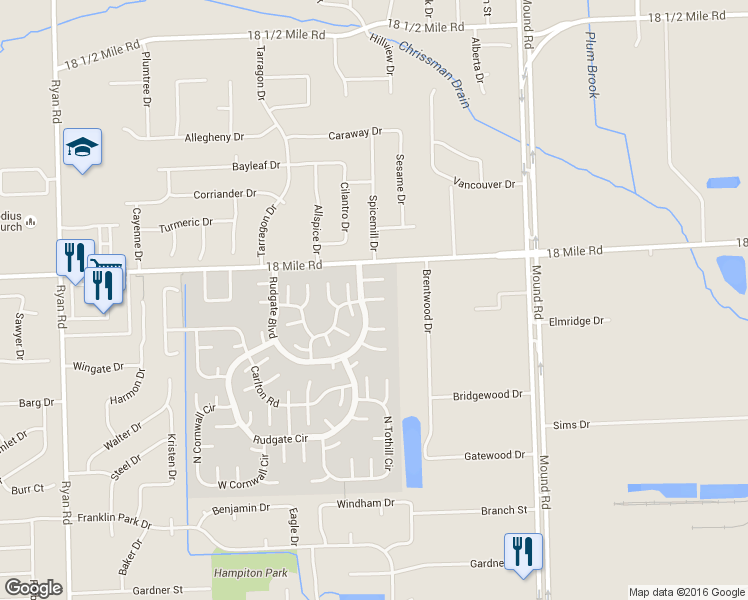 map of restaurants, bars, coffee shops, grocery stores, and more near 5248 Cromwell Court in Sterling Heights