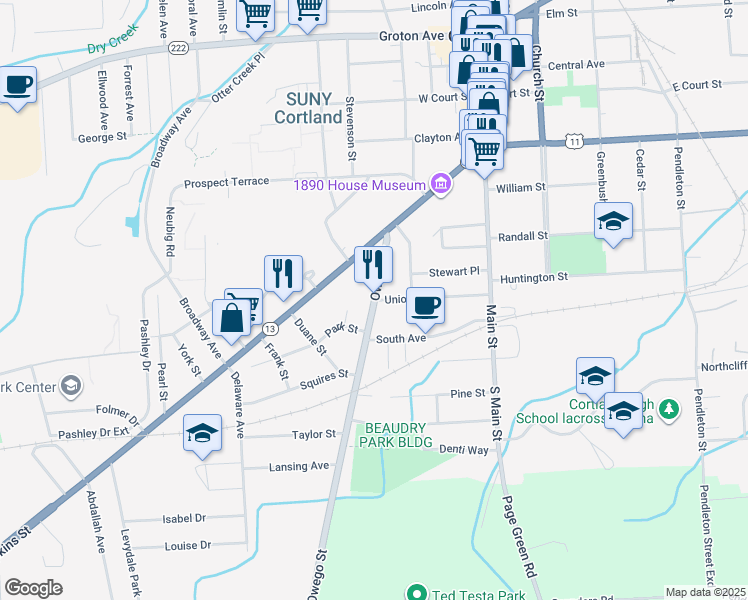 map of restaurants, bars, coffee shops, grocery stores, and more near Owego Street & Union Street in Cortland