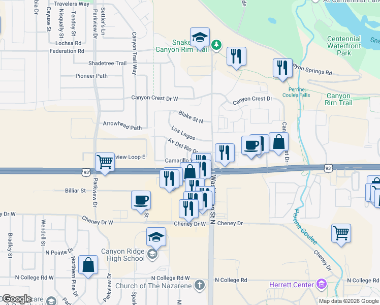 map of restaurants, bars, coffee shops, grocery stores, and more near 1720 Manzanita Street in Twin Falls