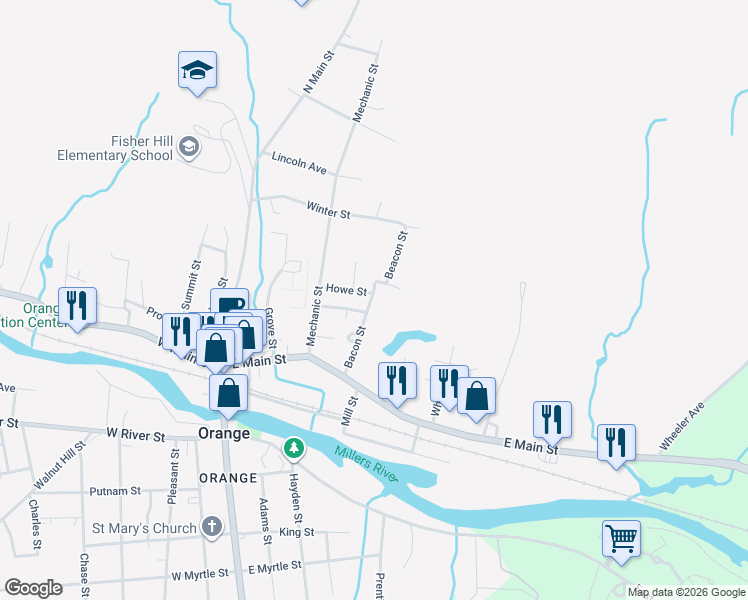 map of restaurants, bars, coffee shops, grocery stores, and more near 58 Bacon Street in Orange