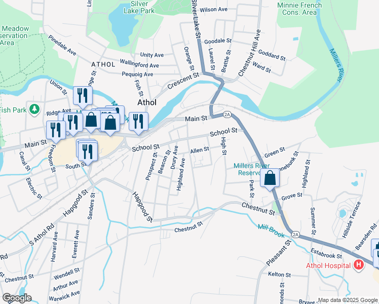 map of restaurants, bars, coffee shops, grocery stores, and more near 174 Riverbend Street in Athol