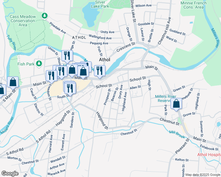 map of restaurants, bars, coffee shops, grocery stores, and more near 49 Prospect Street in Athol