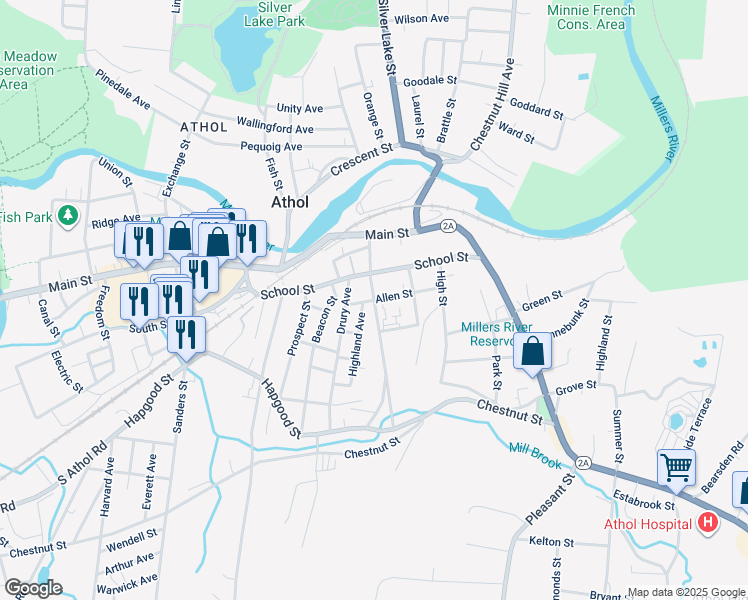 map of restaurants, bars, coffee shops, grocery stores, and more near 174 Riverbend Street in Athol