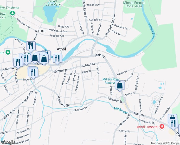 map of restaurants, bars, coffee shops, grocery stores, and more near 129 Allen Street in Athol
