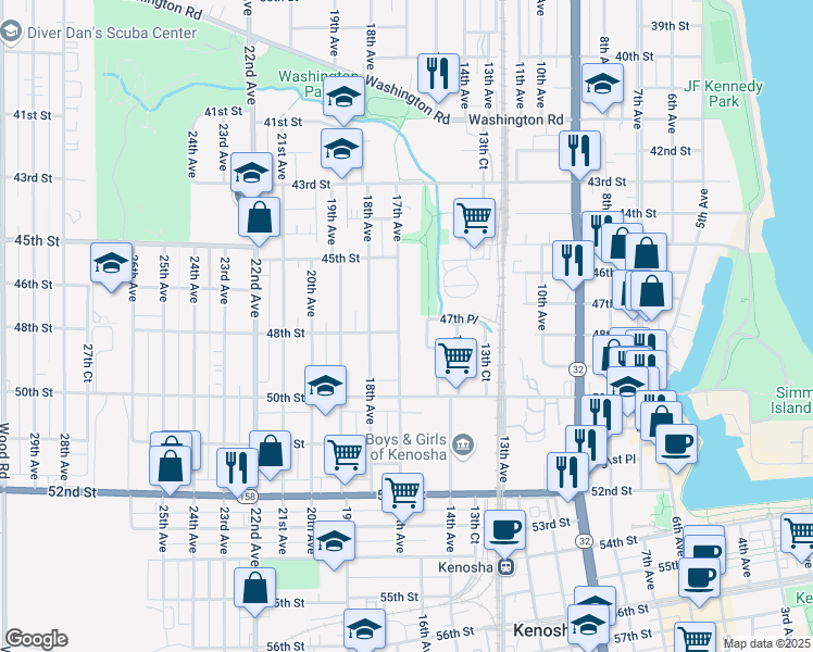 map of restaurants, bars, coffee shops, grocery stores, and more near 4719 17th Avenue in Kenosha