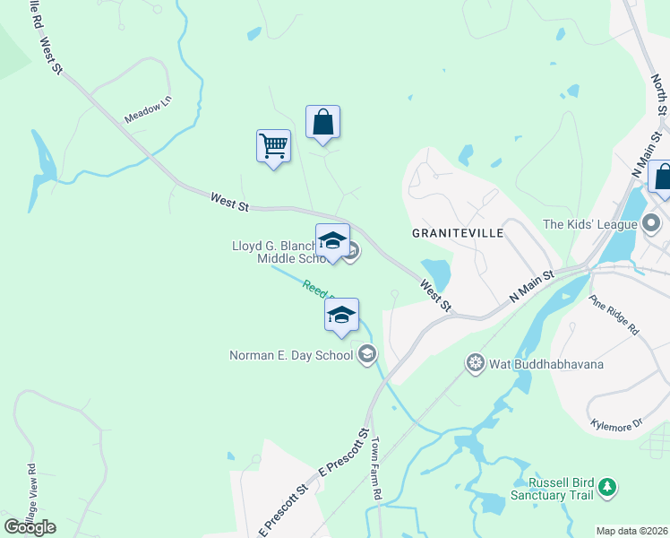 map of restaurants, bars, coffee shops, grocery stores, and more near 14 West Street in Westford