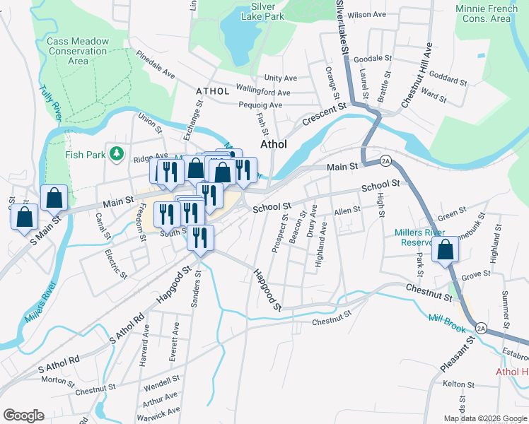 map of restaurants, bars, coffee shops, grocery stores, and more near 32 Brown Street in Athol