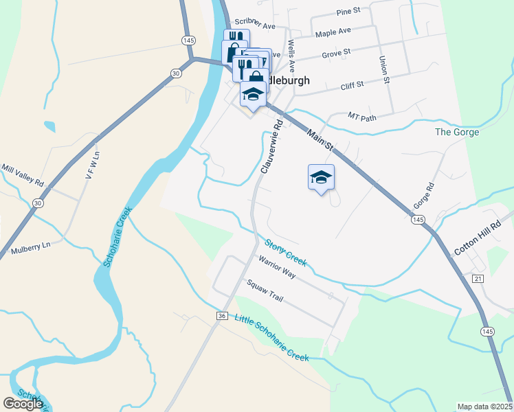 map of restaurants, bars, coffee shops, grocery stores, and more near 1518 Clauverwie Road in Middleburgh