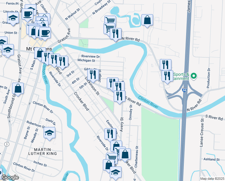 map of restaurants, bars, coffee shops, grocery stores, and more near 102 Rathbone Street in Mount Clemens