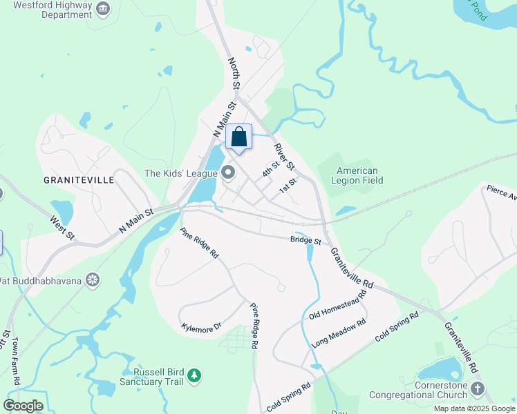map of restaurants, bars, coffee shops, grocery stores, and more near 35 Bridge Street in Westford