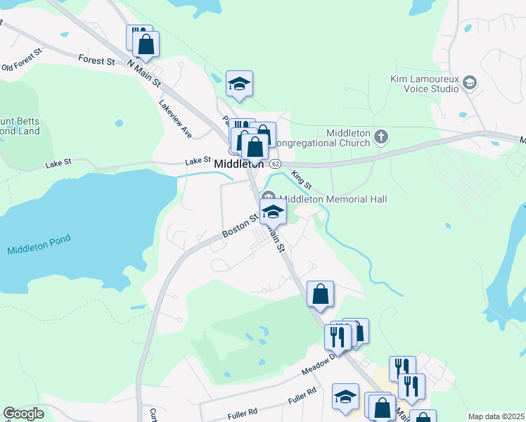 map of restaurants, bars, coffee shops, grocery stores, and more near Route 62 in Middleton