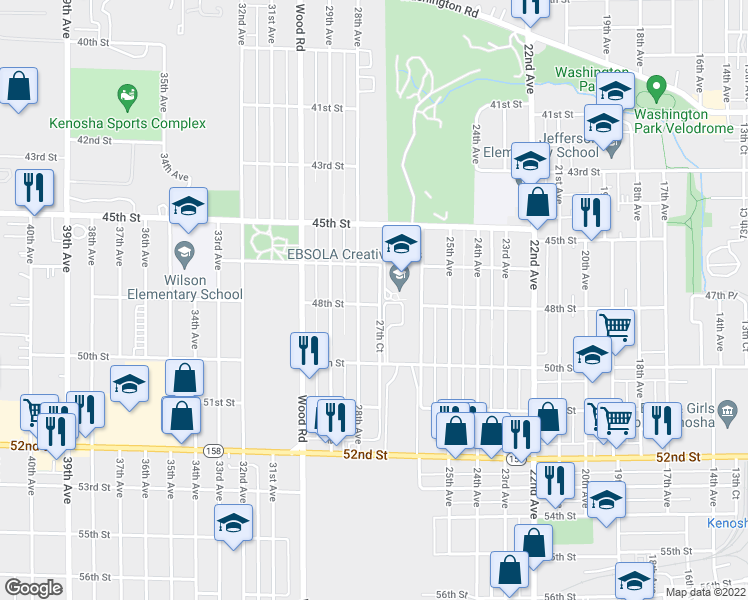 map of restaurants, bars, coffee shops, grocery stores, and more near 2708 48th Street in Kenosha