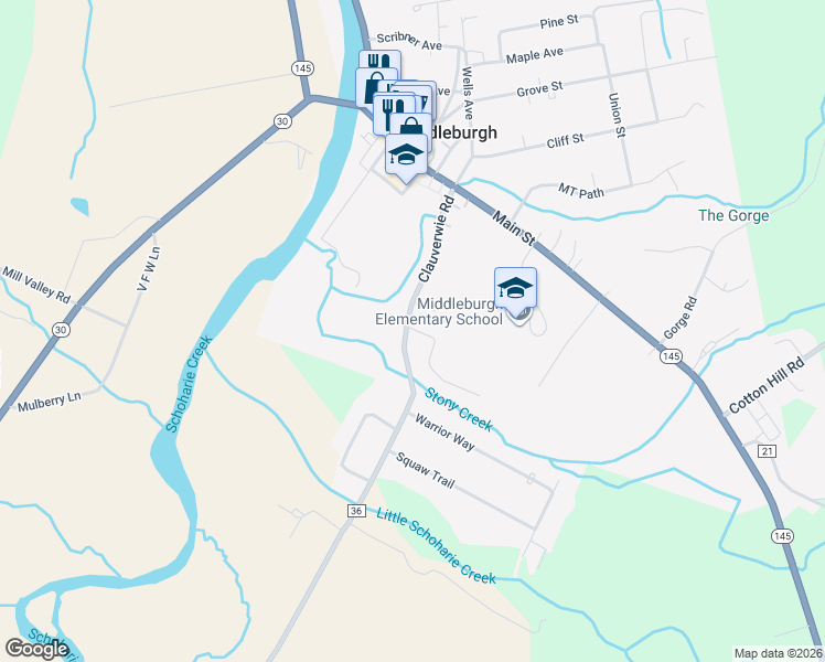 map of restaurants, bars, coffee shops, grocery stores, and more near 1518 Clauverwie Road in Middleburgh
