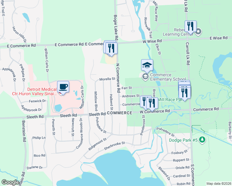 map of restaurants, bars, coffee shops, grocery stores, and more near 877 North Commerce Road in Commerce Charter Township