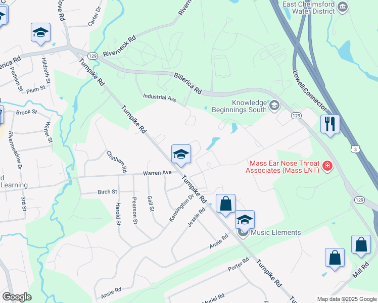 map of restaurants, bars, coffee shops, grocery stores, and more near 104 Turnpike Road in Chelmsford