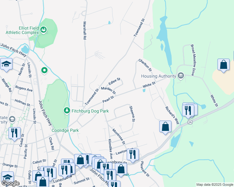 map of restaurants, bars, coffee shops, grocery stores, and more near 593 Pearl Street in Fitchburg