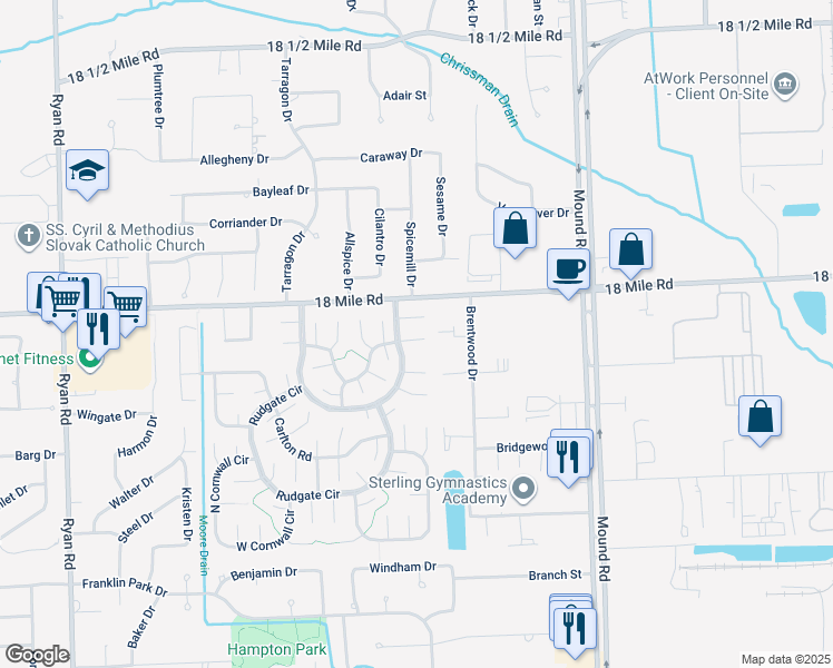 map of restaurants, bars, coffee shops, grocery stores, and more near 5248 Cromwell Court in Sterling Heights
