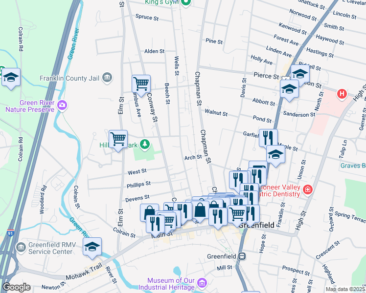 map of restaurants, bars, coffee shops, grocery stores, and more near 147 Wells Street in Greenfield